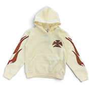 An off-white hooded sweatshirt with red and black flame-like graphics on both sleeves and a matching red and black Iron Cross emblem on the chest, displayed against a plain white background.