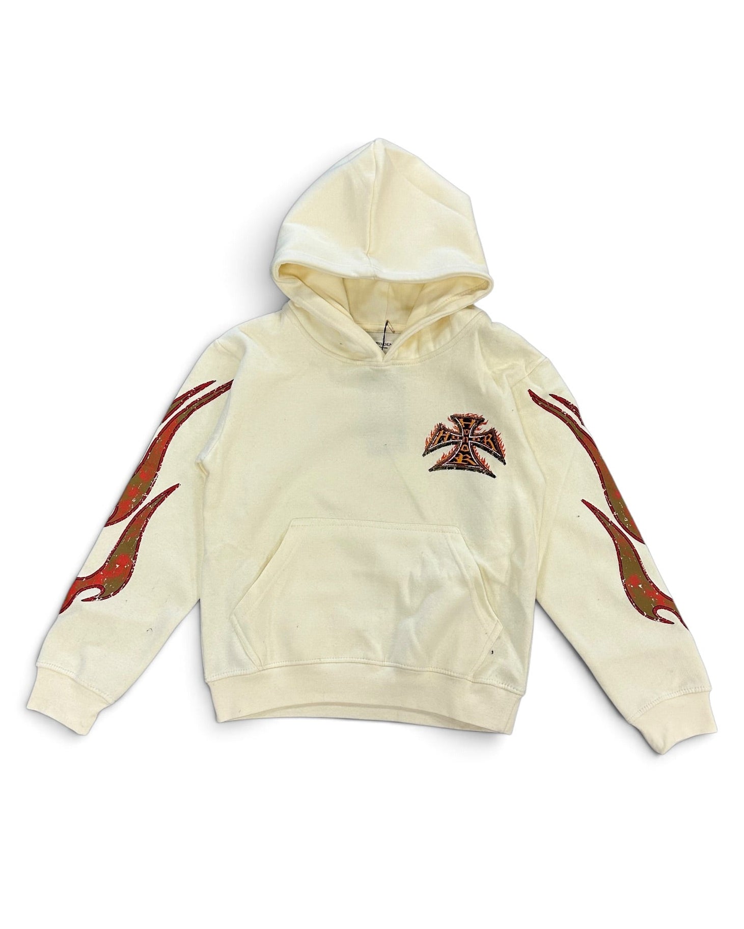 An off-white hooded sweatshirt with red and black flame-like graphics on both sleeves and a matching red and black Iron Cross emblem on the chest, displayed against a plain white background.