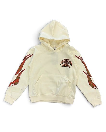 An off-white hooded sweatshirt with red and black flame-like graphics on both sleeves and a matching red and black Iron Cross emblem on the chest, displayed against a plain white background.