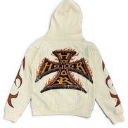 An off-white hooded sweatshirt shown from the back, featuring a large graphic of an Iron Cross with the word 'HONOR' in yellow and orange flames. The sleeves also feature flame designs in red and orange.