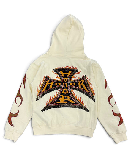 An off-white hooded sweatshirt shown from the back, featuring a large graphic of an Iron Cross with the word 'HONOR' in yellow and orange flames. The sleeves also feature flame designs in red and orange.