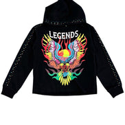 Black hoodie with colorful eagle design and 'LEGENDS' text on a white background