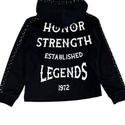 Black hoodie with white text on a white background