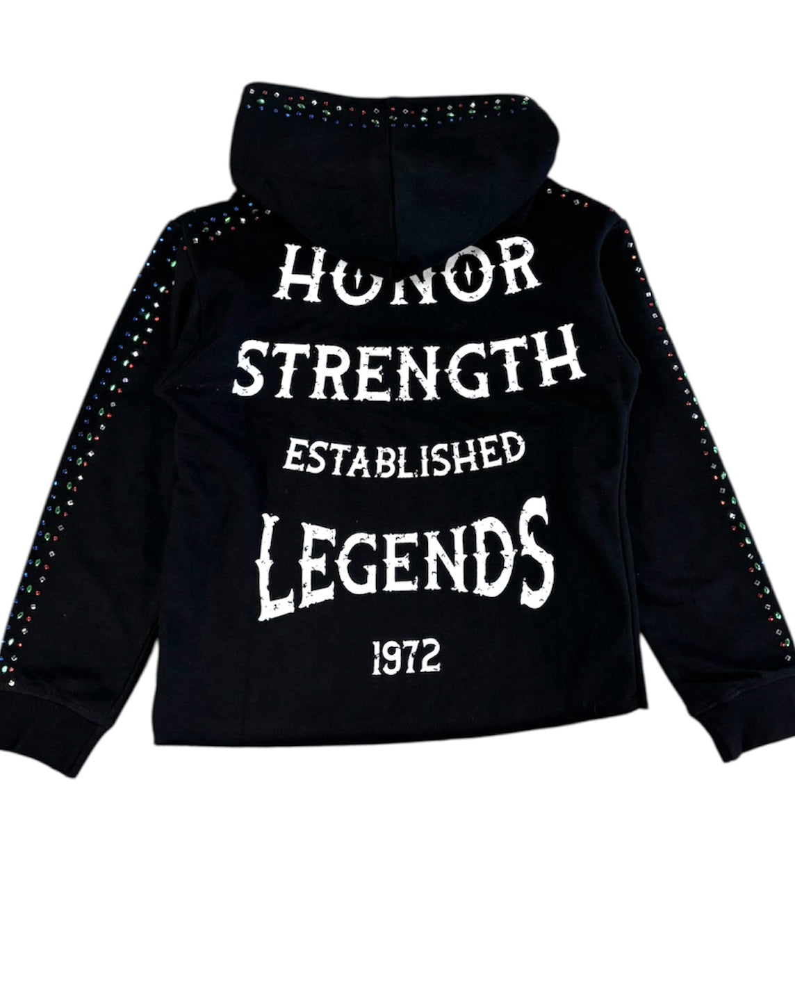 Black hoodie with white text on a white background