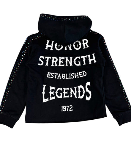 Black hoodie with white text on a white background