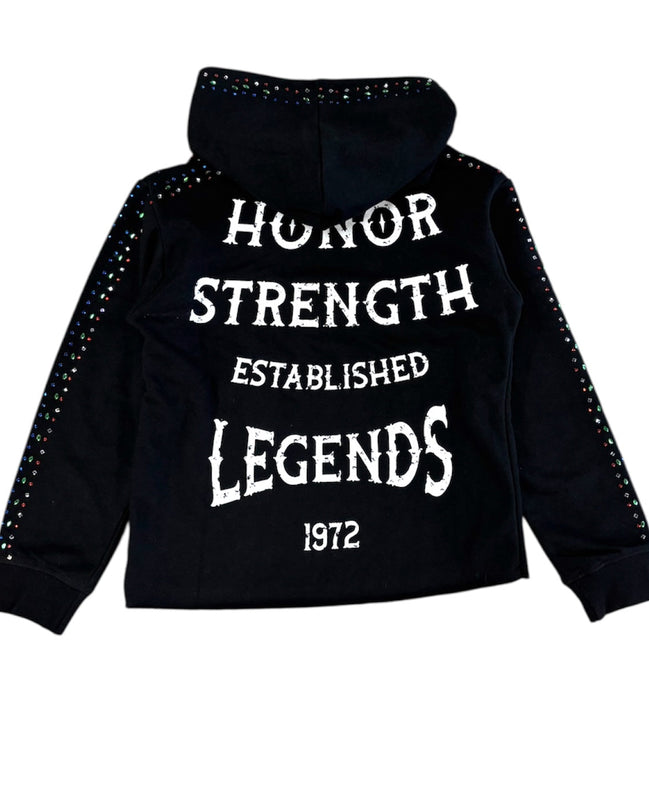 Black hoodie with white text on a white background