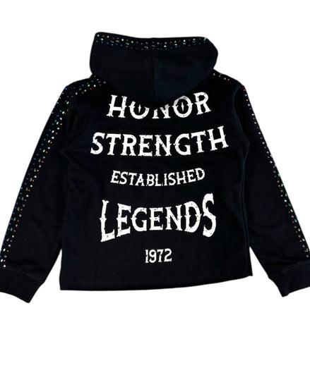 Black hoodie with white text on a white background