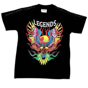 Black t-shirt with colorful phoenix design and 'LEGENDS' text on a white background