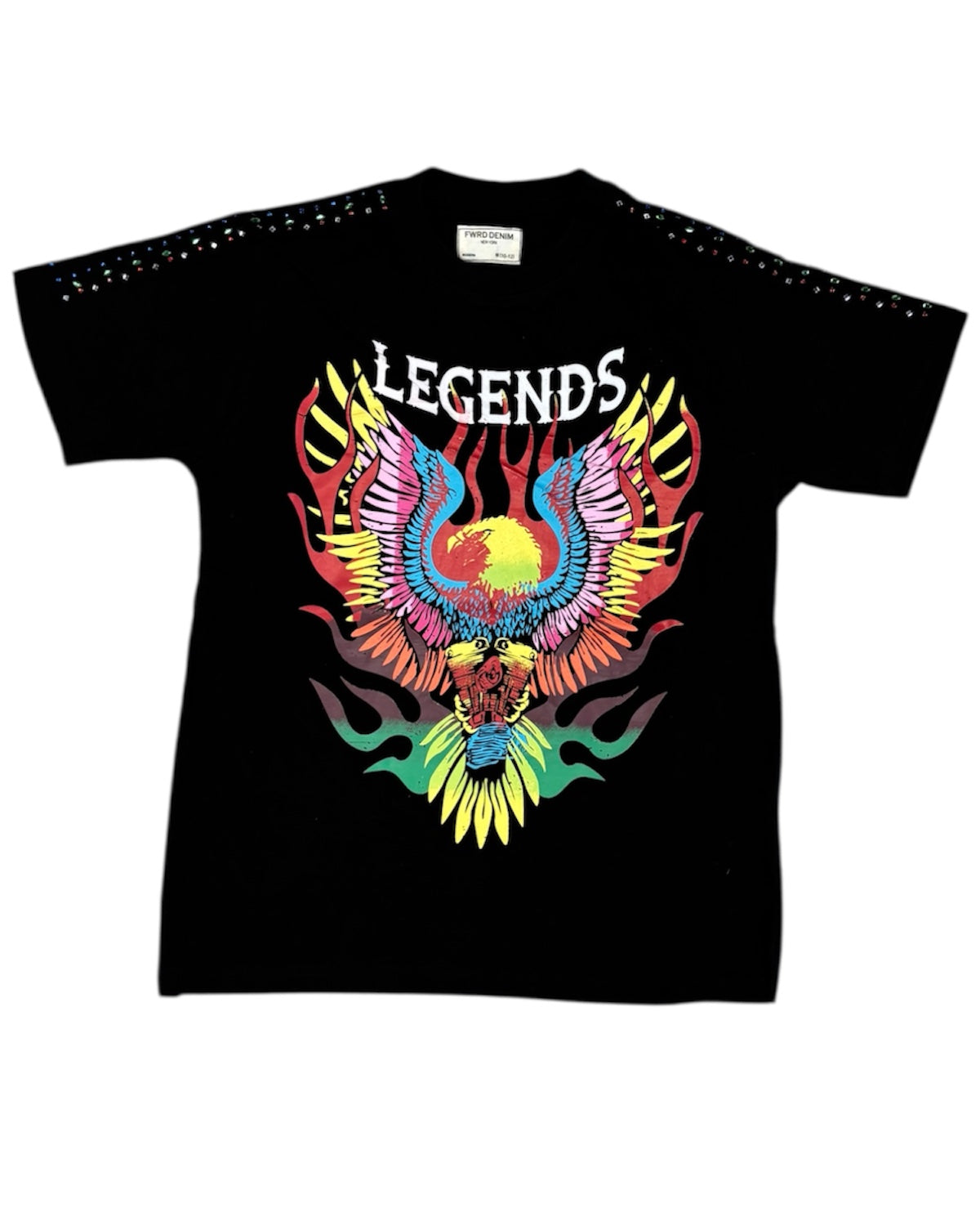 Black t-shirt with colorful phoenix design and 'LEGENDS' text on a white background