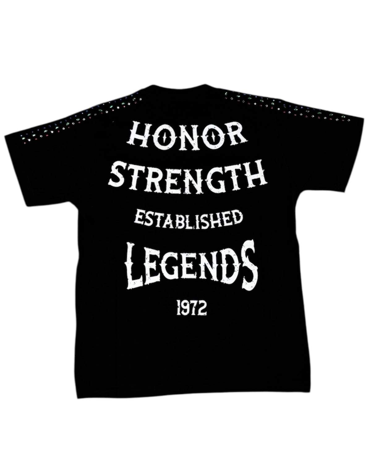 Black t-shirt with white text 'Honor Strength Established Legends 1972' on a white background
