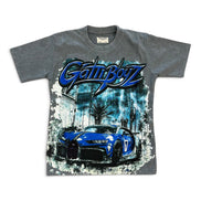 A gray short-sleeve t-shirt featuring a large graphic print of a blue sports car and the stylized text 'GATTIBOYZ' across the chest, displayed against a plain white background.