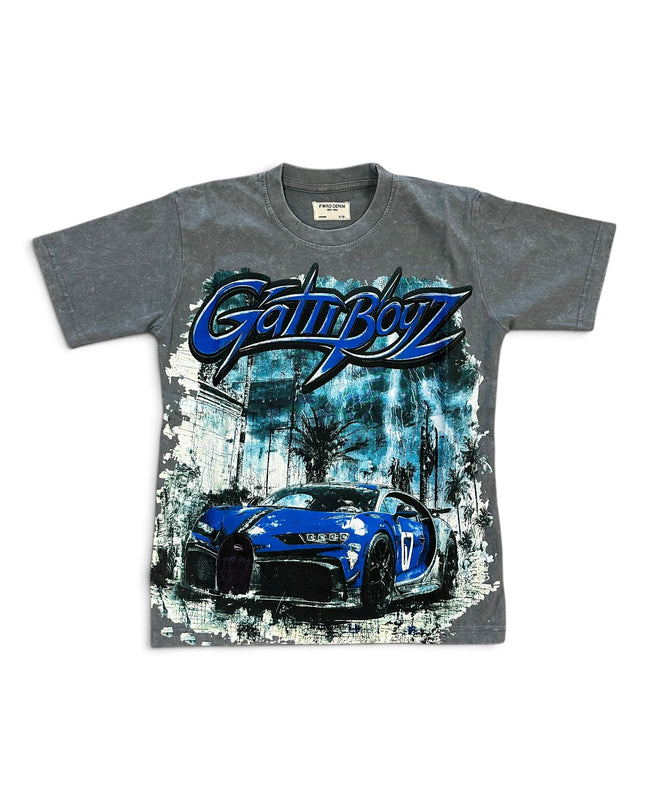 A gray short-sleeve t-shirt featuring a large graphic print of a blue sports car and the stylized text 'GATTIBOYZ' across the chest, displayed against a plain white background.
