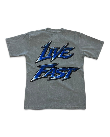 A heather gray short-sleeve t-shirt shown from the back, featuring a large graphic print of the words 'LIVE FAST' in a stylized blue and black font.