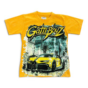 A yellow short-sleeve graphic t-shirt featuring a large 'GattiBoyZ' logo in black and yellow across the chest, with a stylized yellow sports car printed below on a white background.