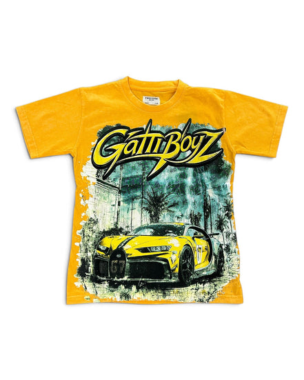 A yellow short-sleeve graphic t-shirt featuring a large 'GattiBoyZ' logo in black and yellow across the chest, with a stylized yellow sports car printed below on a white background.