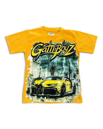 A yellow short-sleeve graphic t-shirt featuring a large 'GattiBoyZ' logo in black and yellow across the chest, with a stylized yellow sports car printed below on a white background.