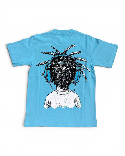 Light blue t-shirt with a graphic of a person with dreadlocks and headphones on the back, on a white background.