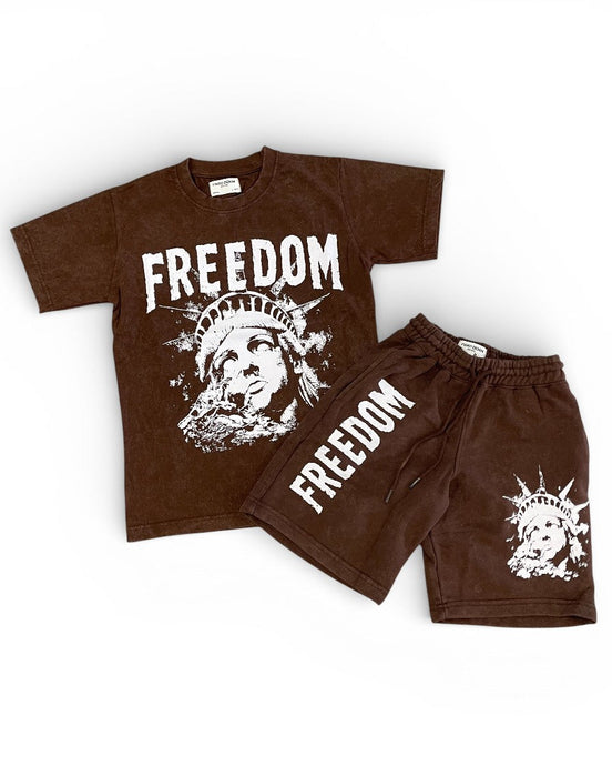 Brown t-shirt and shorts set with 'Freedom' graphic design on a white background
