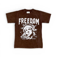 Brown t-shirt with 'FREEDOM' and a graphic design on a white background