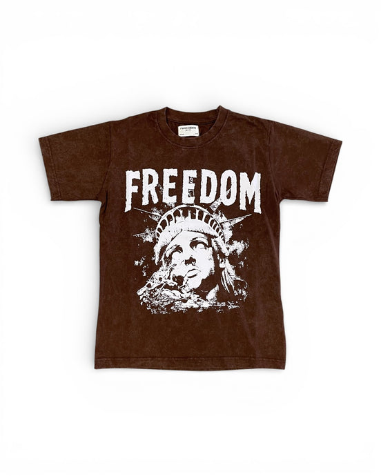 Brown t-shirt with 'FREEDOM' and a graphic design on a white background