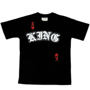 Black t-shirt with white and red graphics on a white background