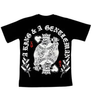 Black t-shirt with a king and a gentleman graphic design on a white background