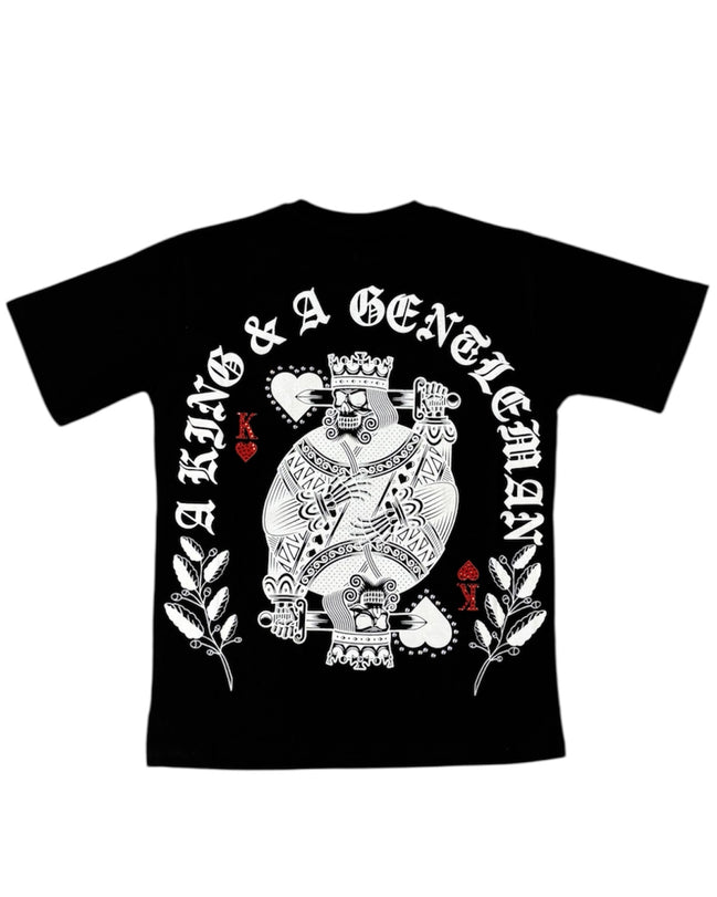 Black t-shirt with a king and a gentleman graphic design on a white background