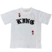 White t-shirt with 'KING' text and card suits on a white background