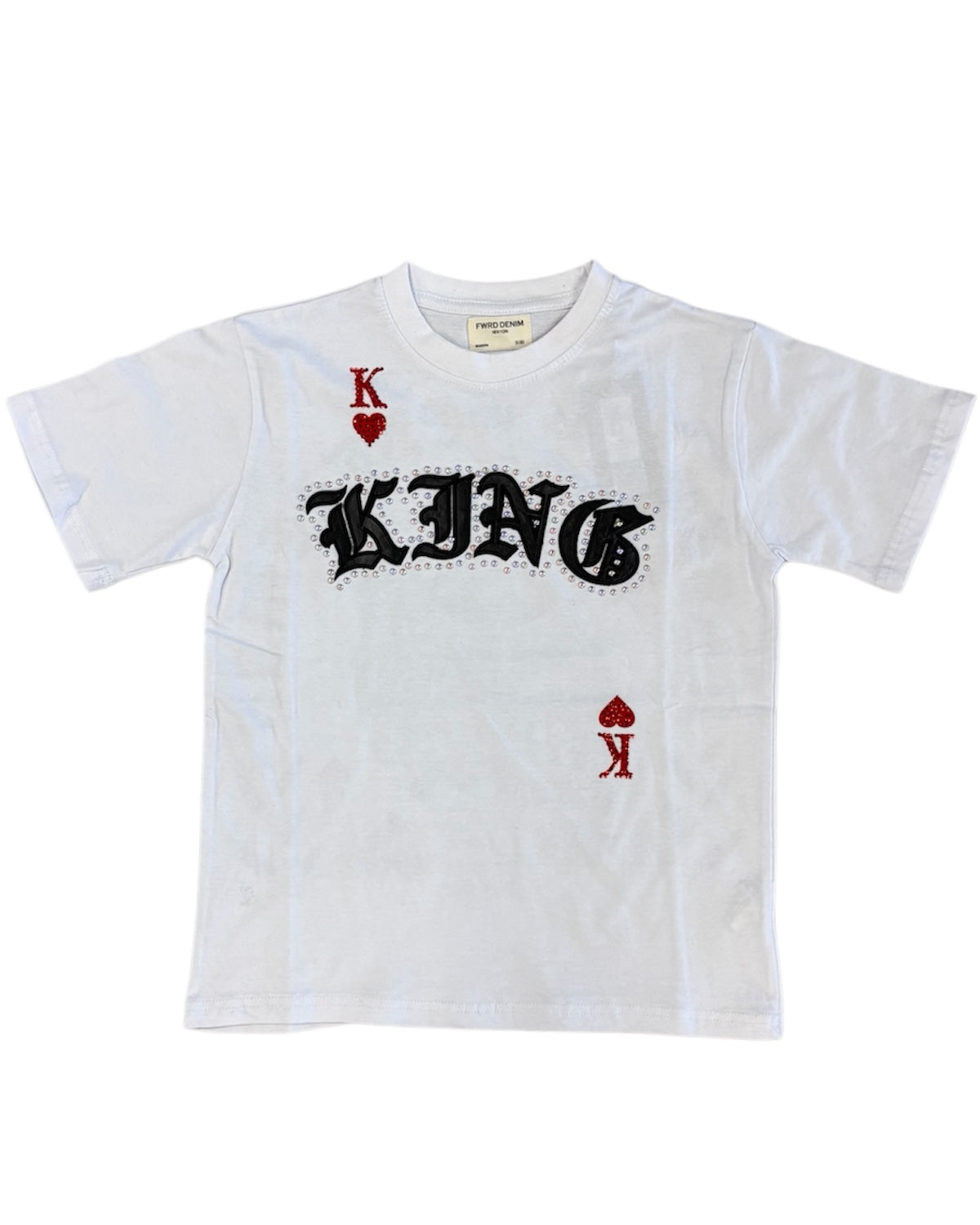 White t-shirt with 'KING' text and card suits on a white background