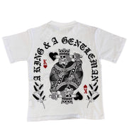 White t-shirt with black graphic design and text on a white background