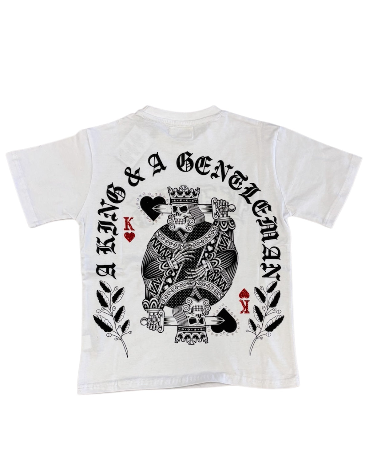 White t-shirt with black graphic design and text on a white background