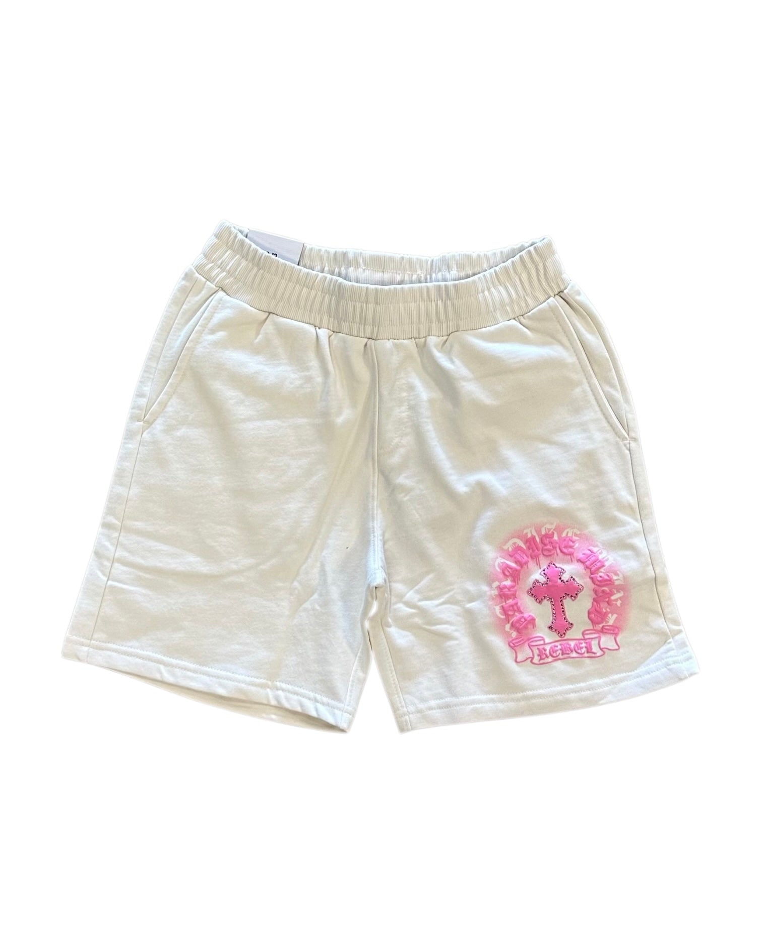 Beige shorts with pink floral design and cross on a white background