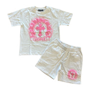 White t-shirt and shorts set with pink graphic design on a white background