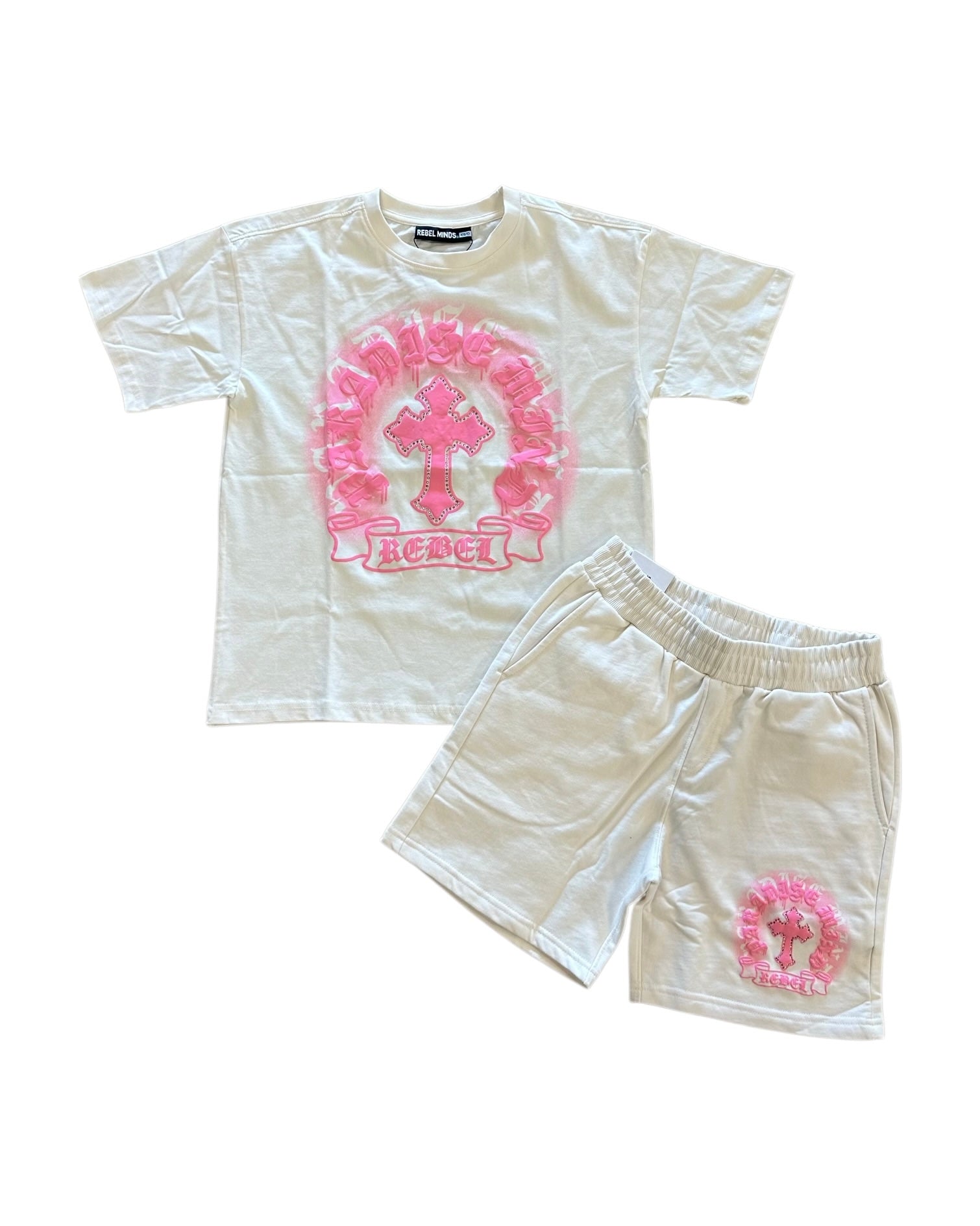White t-shirt and shorts set with pink graphic design on a white background