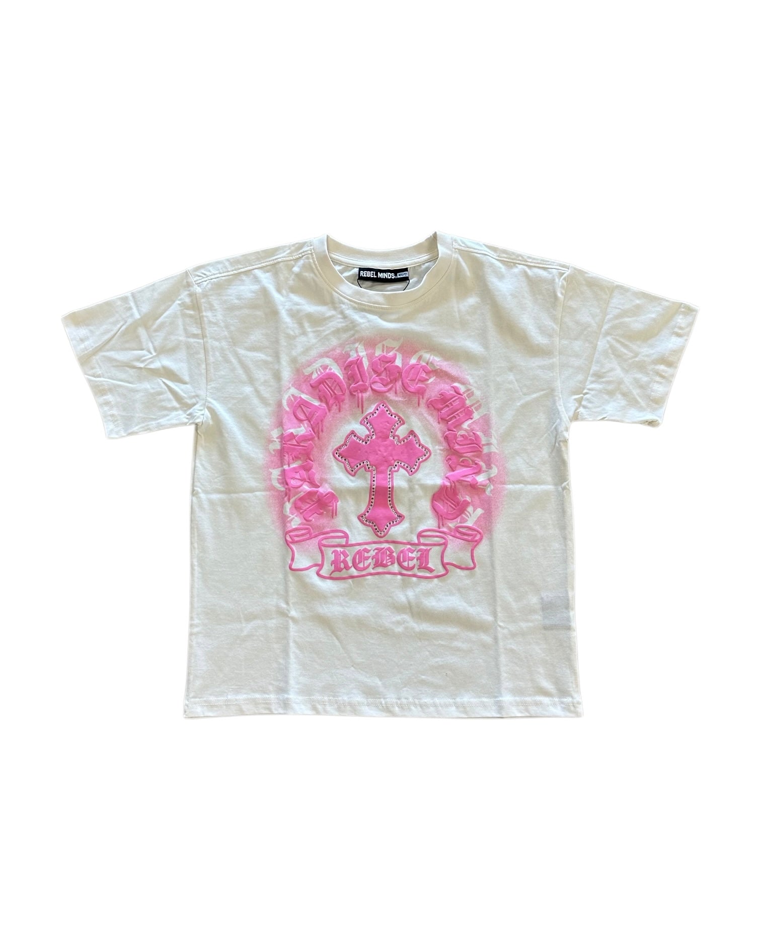 White t-shirt with pink graphic design on a white background