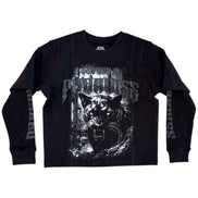Black long-sleeve shirt with panther graphic and text on a white background