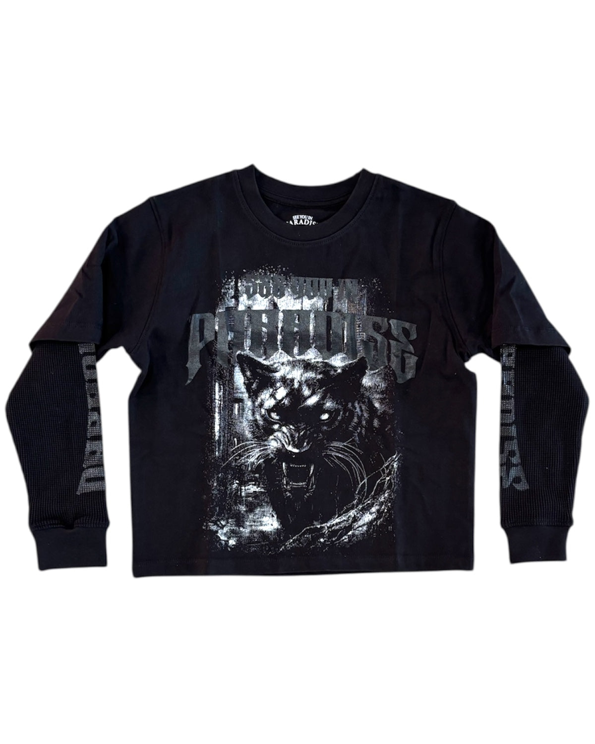 Black long-sleeve shirt with panther graphic and text on a white background