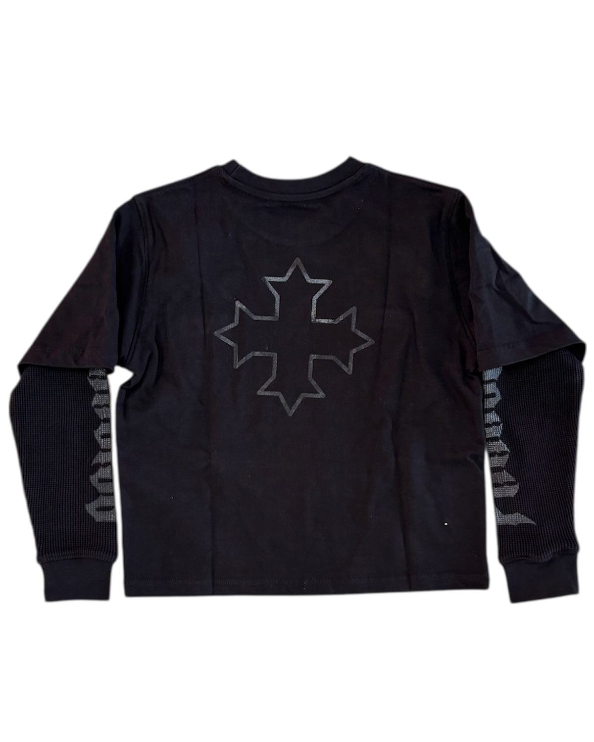Black long-sleeve shirt with a star design on the back against a white background