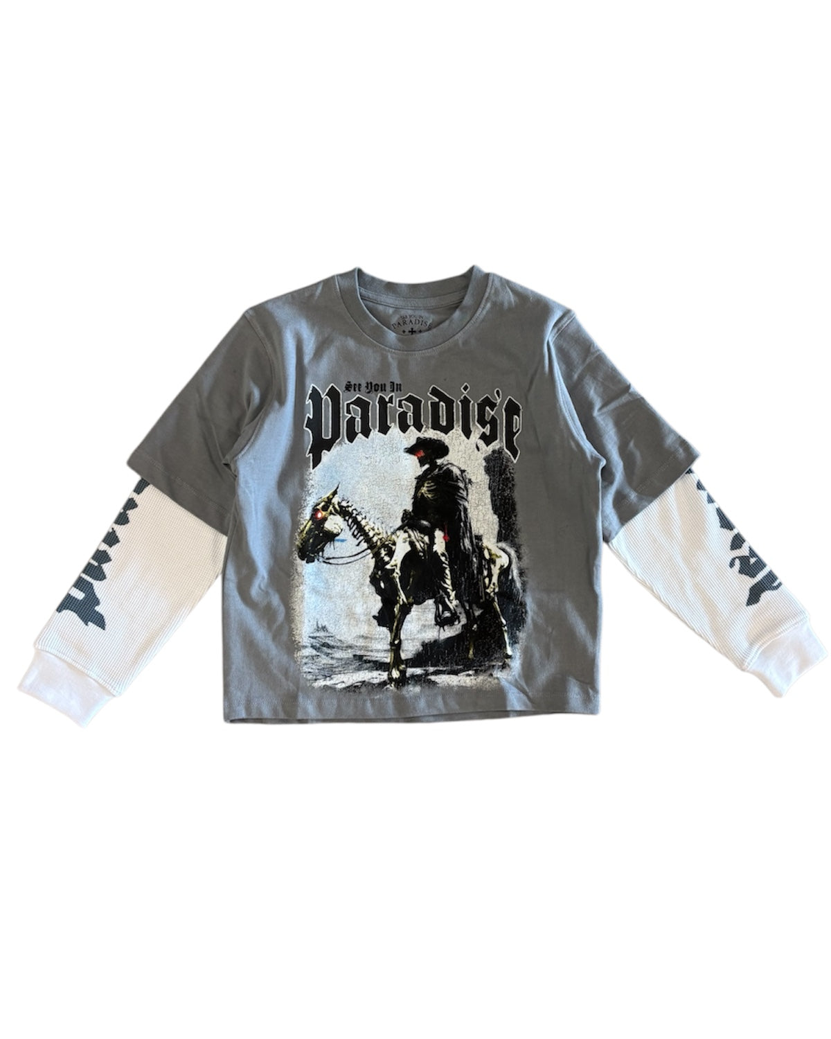 Gray long-sleeve shirt with graphic design and text on a white background