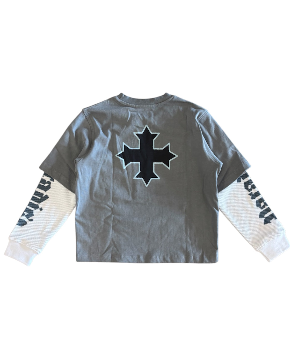 Gray long-sleeve shirt with a black star design on the back, on a white background
