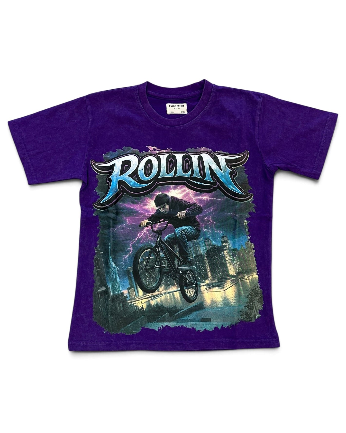 A purple short-sleeve graphic t-shirt featuring a large front print of a BMX rider with the word 'ROLLIN'' in stylized metallic lettering, shown on a plain white background.