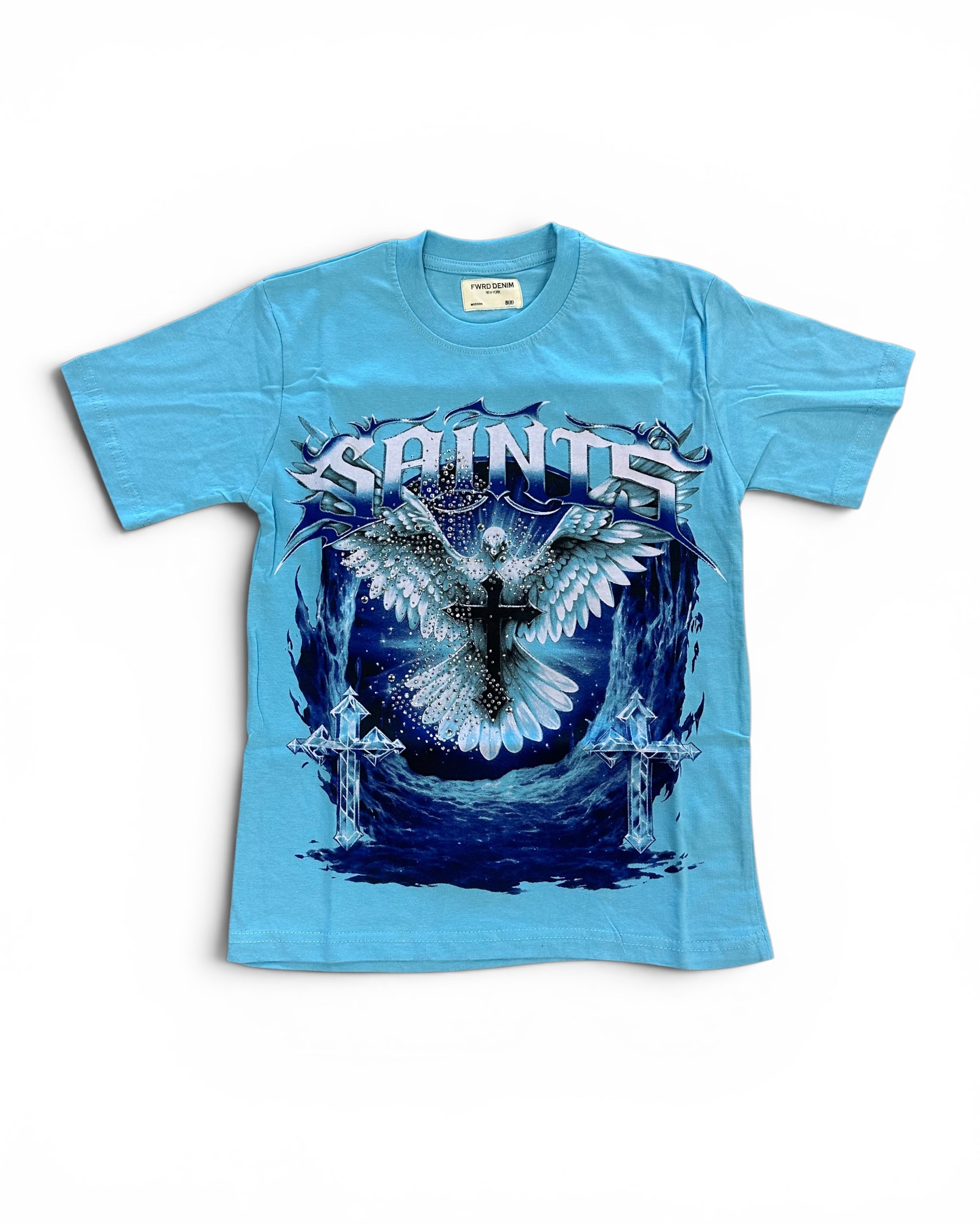 A light blue short-sleeve graphic t-shirt featuring a large front print of a white angel with wings and a cross, with the word 'SAINTS' in stylized white lettering above, on a white background.
