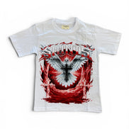 A white short-sleeve graphic t-shirt featuring a red and black design with a winged cross, flames, and the word 'Sacrifice' across the chest.