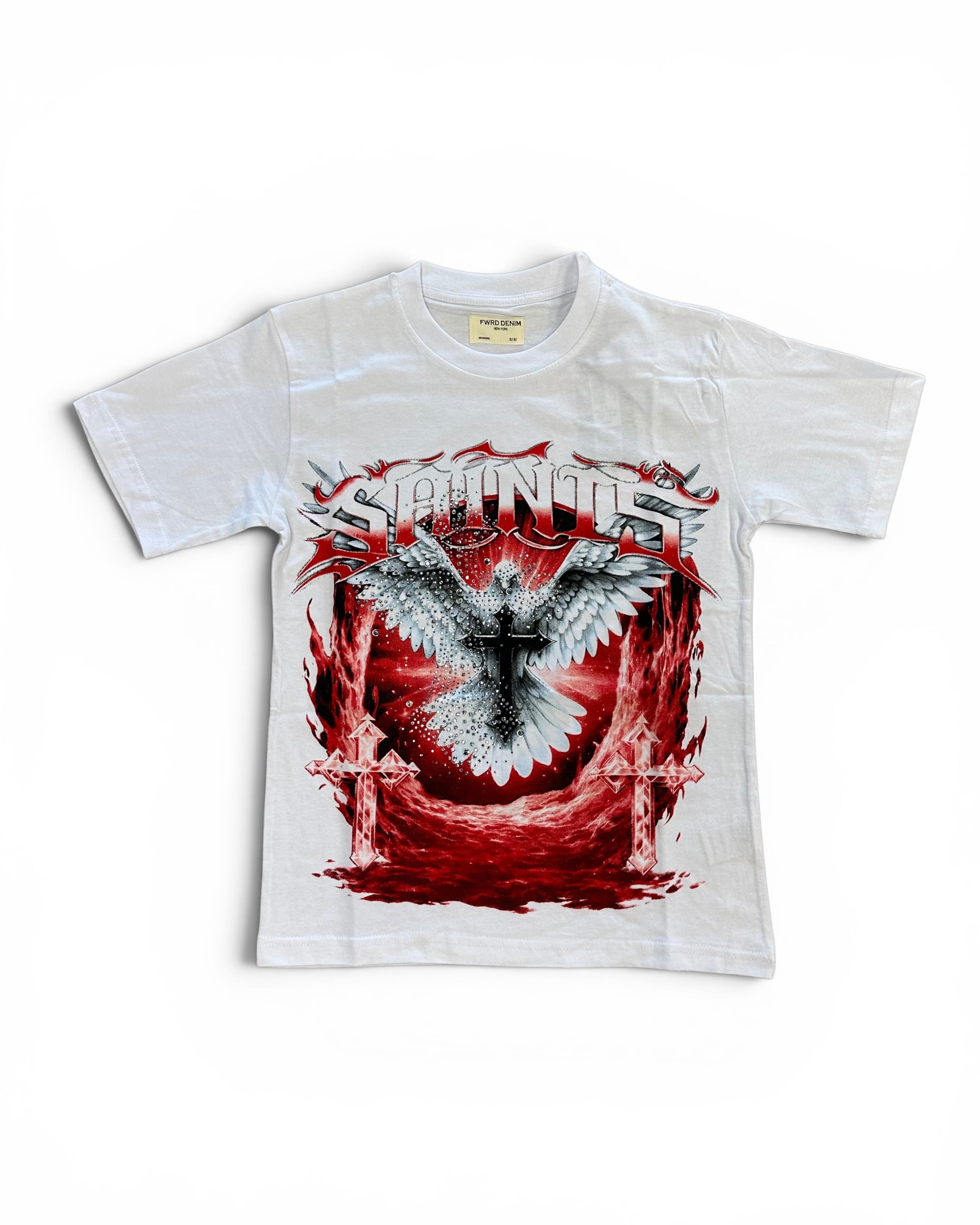A white short-sleeve graphic t-shirt featuring a red and black design with a winged cross, flames, and the word 'Sacrifice' across the chest.