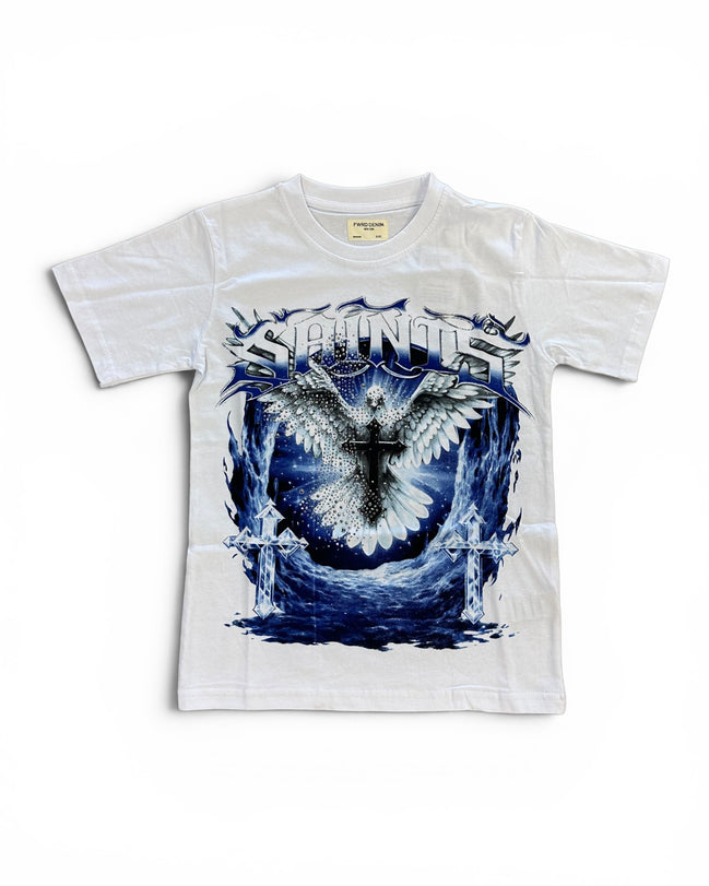 A white short-sleeve t-shirt with a large graphic print on the front featuring a white angel with wings, a black cross, and blue flames, with the word 'SATINOS' in stylized lettering above.