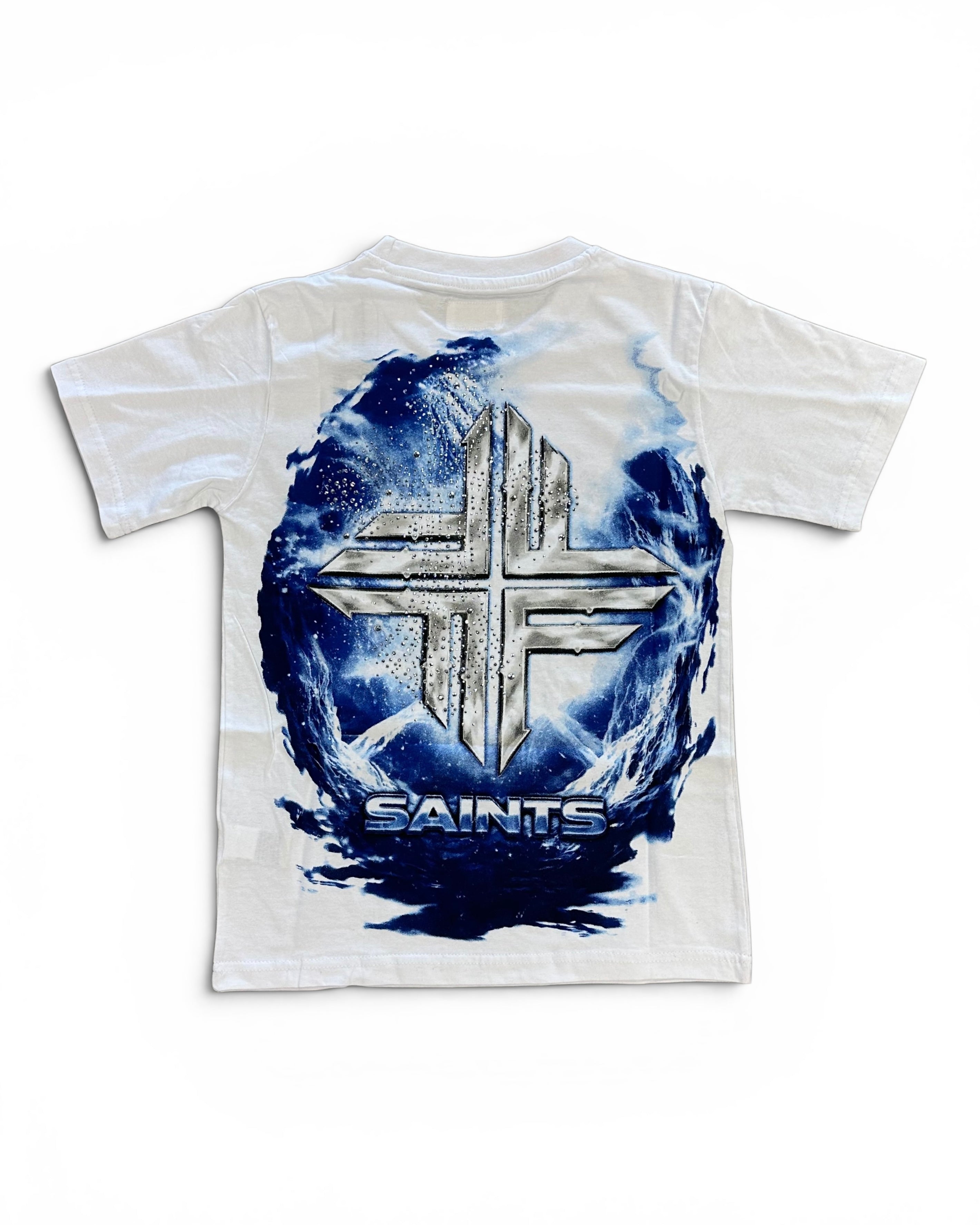 A white short-sleeve t-shirt with a large graphic on the back featuring a metallic silver cross inside a swirling blue and white circular design, with the word 'SAINTS' printed below.