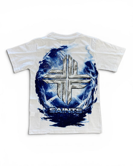 A white short-sleeve t-shirt with a large graphic on the back featuring a metallic silver cross inside a swirling blue and white circular design, with the word 'SAINTS' printed below.