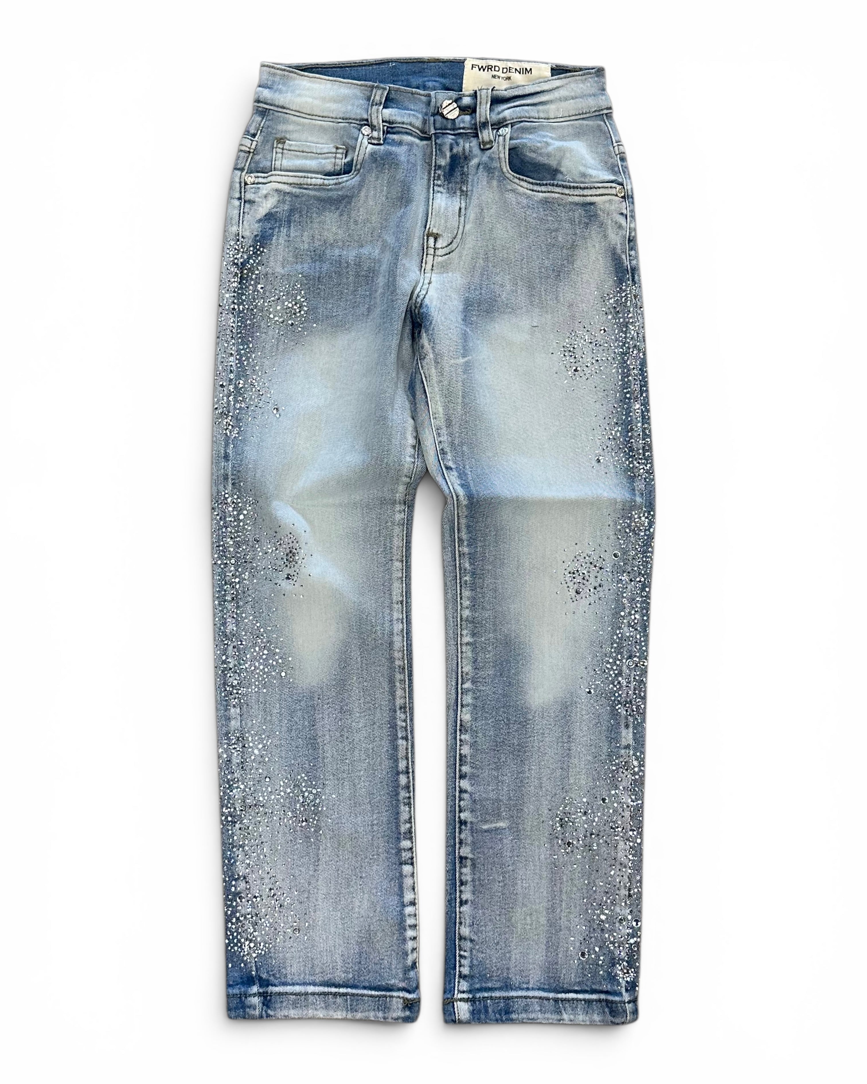 Light blue denim jeans with a faded wash and scattered rhinestone embellishments on the front, photographed flat against a white background.