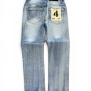 Light blue denim jeans shown from the back, featuring a faded wash, distressed details, and a paper size label on the back pocket.