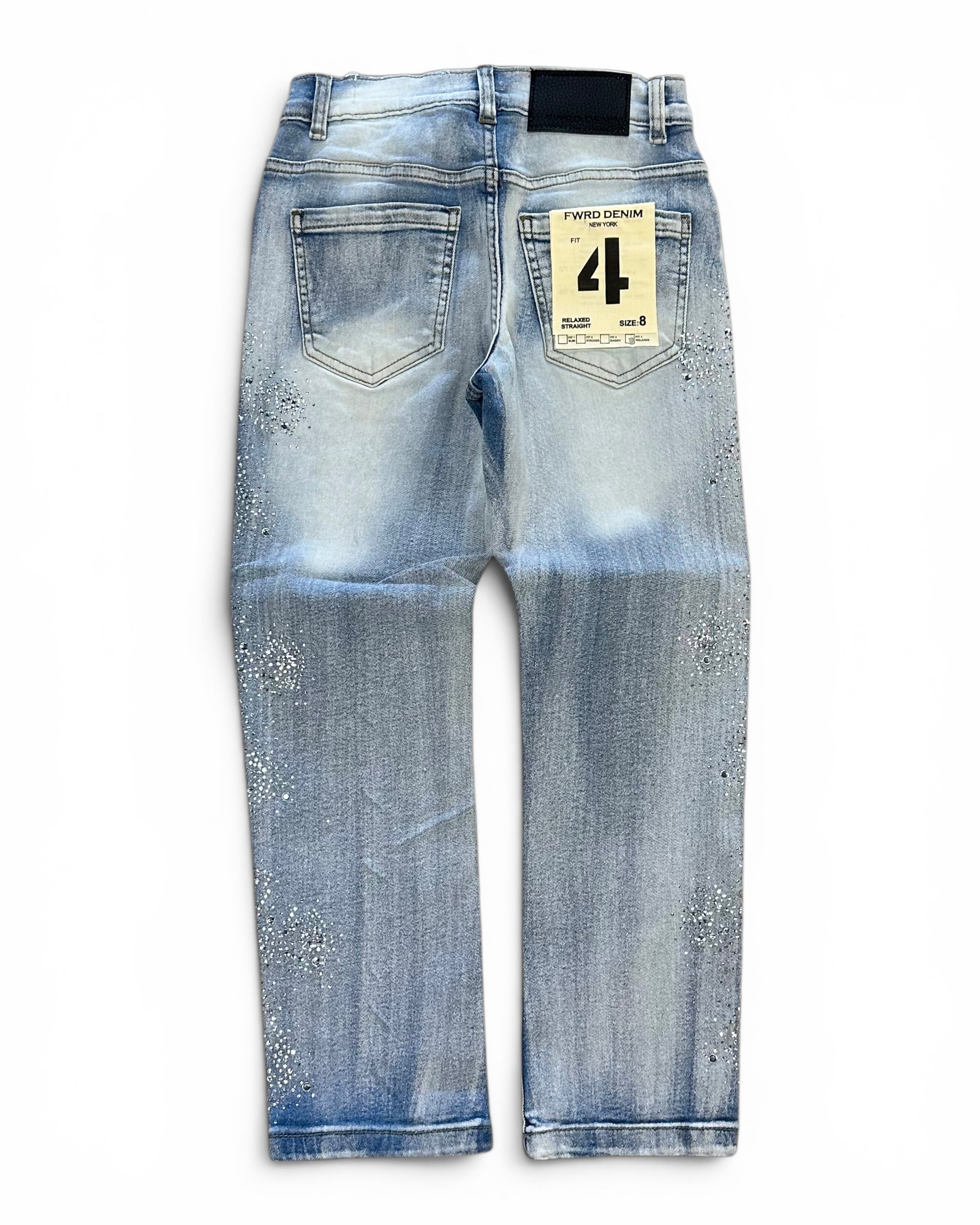 Light blue denim jeans shown from the back, featuring a faded wash, distressed details, and a paper size label on the back pocket.